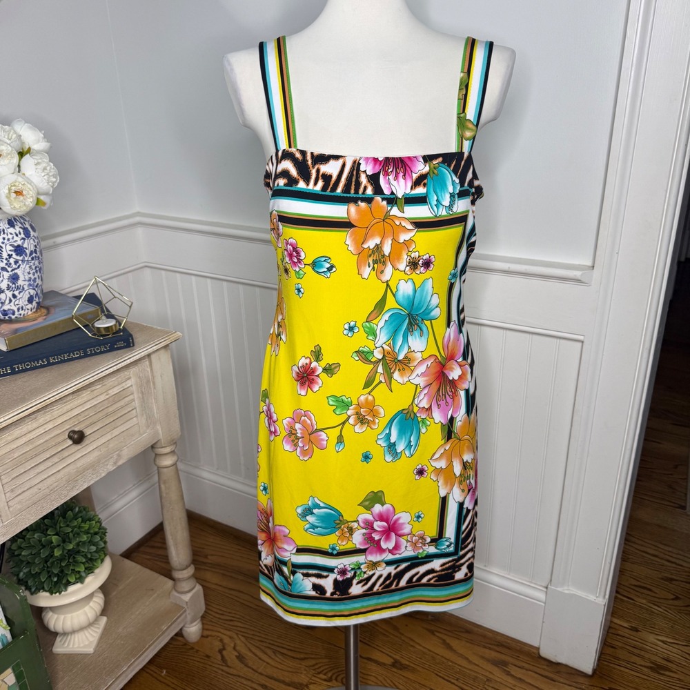 Cache Womens Yellow Floral Tiger Stripe Square Neck Sleeveless Sheath Dress